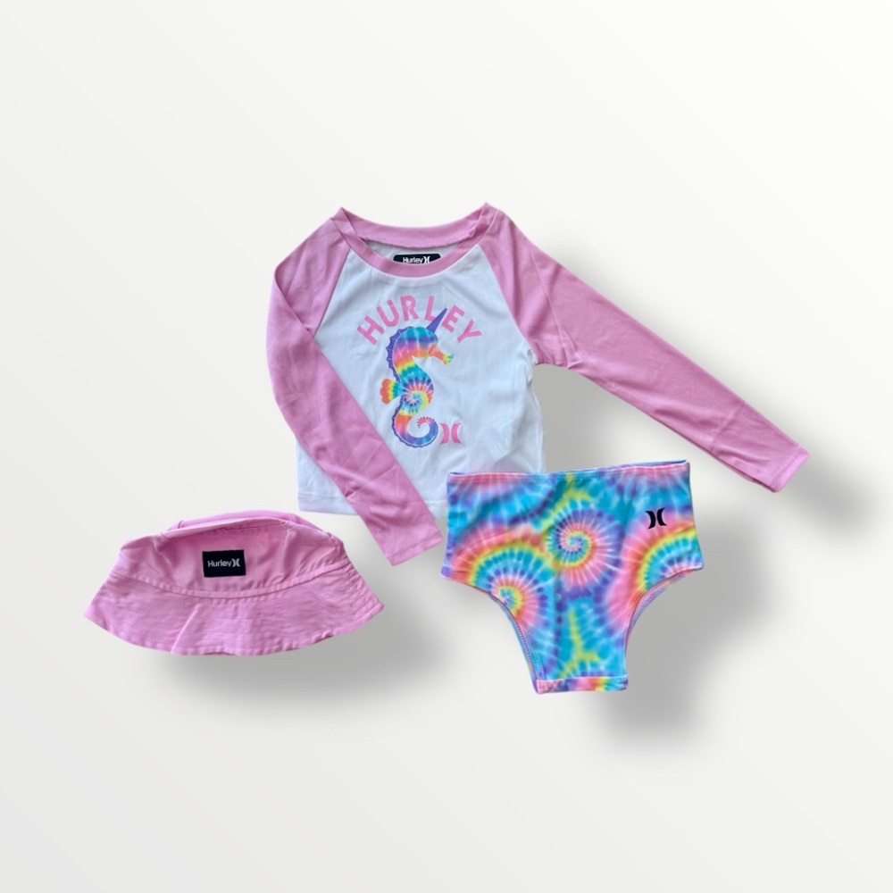NWT Hurley Girls Rashguard 3 Piece Swim Set - Pink and Multicolour, Size…